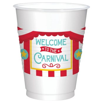 White cup with colorful carnival welcome design.