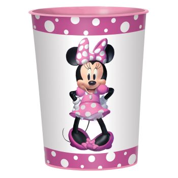 Pink polka dot cup featuring cartoon character.