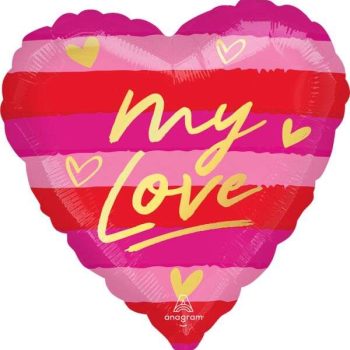 Heart-shaped balloon with "My Love" text and pink-red stripes.