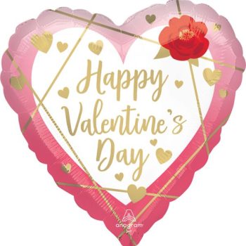 Heart-shaped balloon with Happy Valentine's Day message and flower.