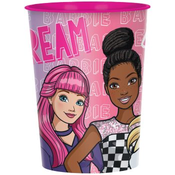 Barbie-themed cup with two illustrated characters.