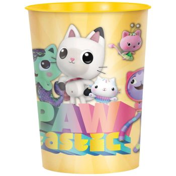 A colorful cup featuring Paw Patrol characters on a yellow background.