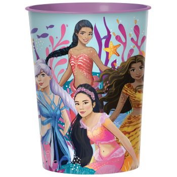 Colorful mermaid-themed cup with four illustrated characters.