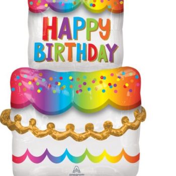 Colorful three-tier birthday cake with candles and sprinkles.