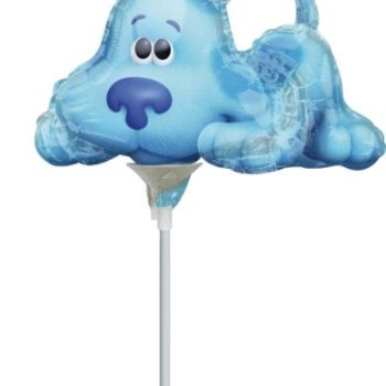 Blue dog-shaped balloon on a stick.
