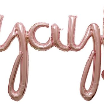 Rose gold balloon letters spelling "yay".