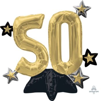 Gold foil balloons shaped as the number 50 surrounded by black and silver star balloons.