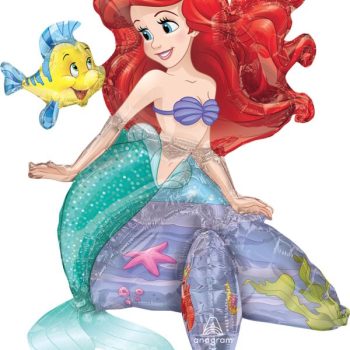 Ariel, the mermaid, with Flounder swimming beside her.