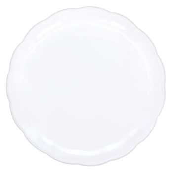 White round scalloped-edge dinner plate.