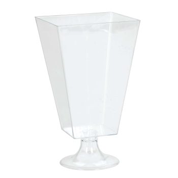 Clear plastic dessert cup on white background.