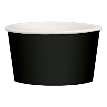 Black disposable paper cup with white interior, suitable for desserts or small servings.