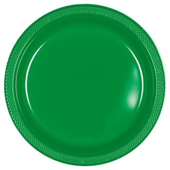 Green plastic plate with textured rim.