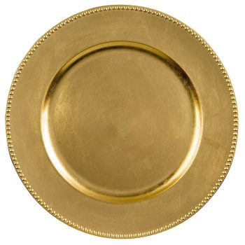 Gold decorative plate with beaded edge.