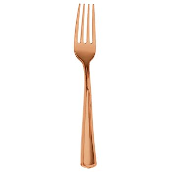 Copper-colored fork on white background.