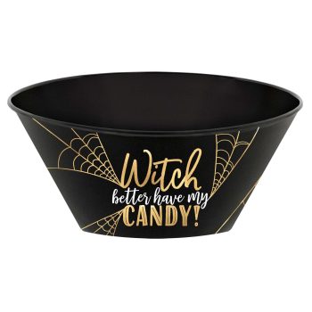 Black candy bowl with Halloween-themed text.