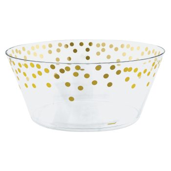 Clear bowl with gold polka dot design.