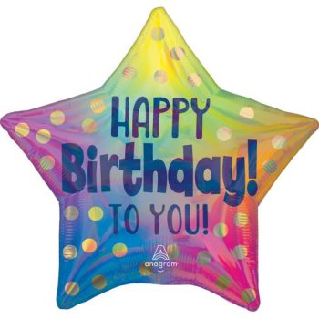 Star-shaped, colorful "Happy Birthday" balloon.
