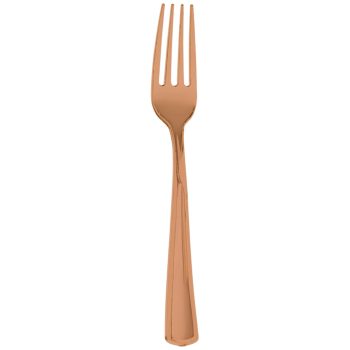 Copper-colored fork on white background.