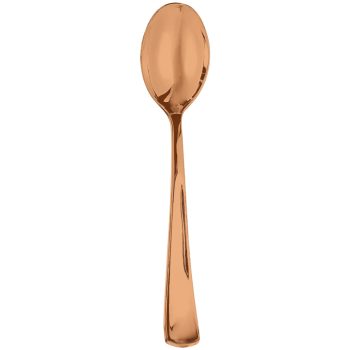 Copper-colored metal spoon on white background.