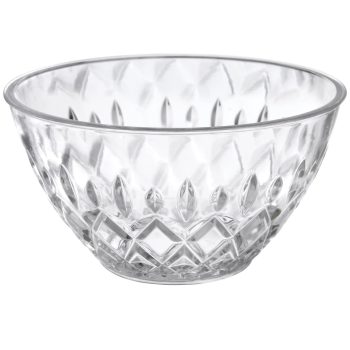 Clear glass bowl with diamond pattern design.