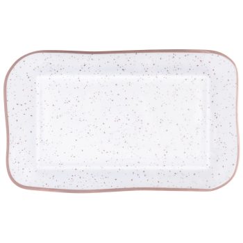 White speckled rectangular ceramic plate.