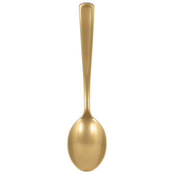 Gold-colored spoon on a white background.