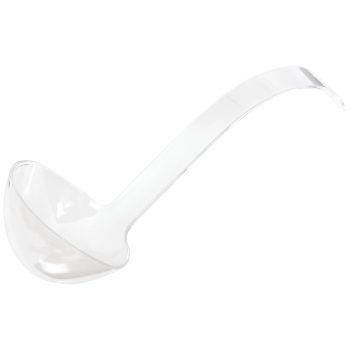 Clear plastic ladle with curved handle.