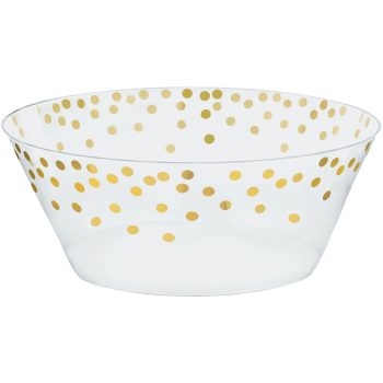 Clear bowl with gold polka dot design.