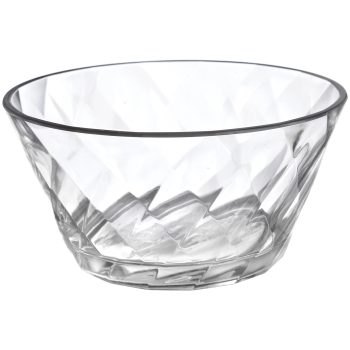 Clear glass bowl with geometric design.
