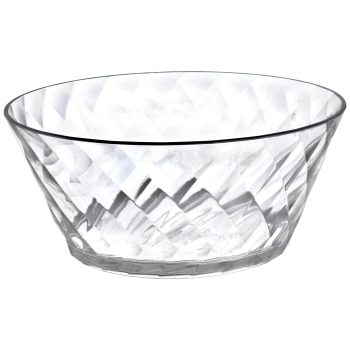 Clear glass bowl with diamond pattern.