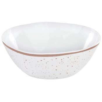 White speckled bowl with brown trim.