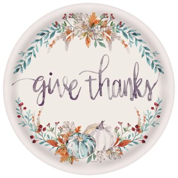 Give thanks" with autumn floral design.