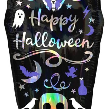 Colorful Halloween balloon with festive designs and text.