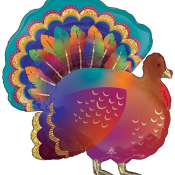 Colorful turkey balloon with vibrant feathers and a cheerful expression.