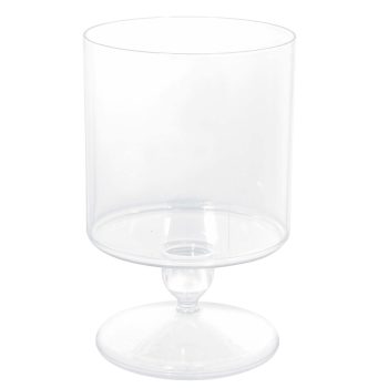 Clear plastic trifle bowl on white background.