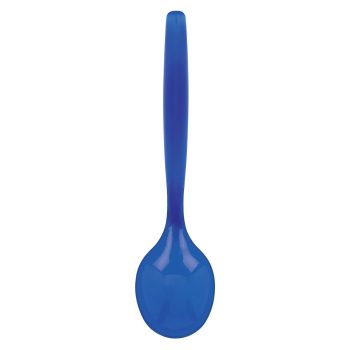 Blue plastic spoon on white background.