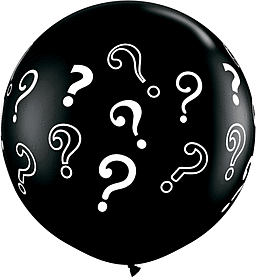 Black balloon with white question marks.