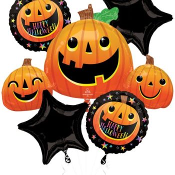 Colorful Halloween balloons featuring jack-o'-lanterns and black stars.