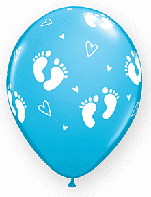 Blue balloon decorated with white baby footprints and hearts.