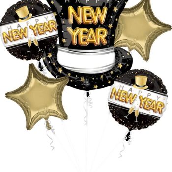 Black and gold New Year balloons with stars and text.