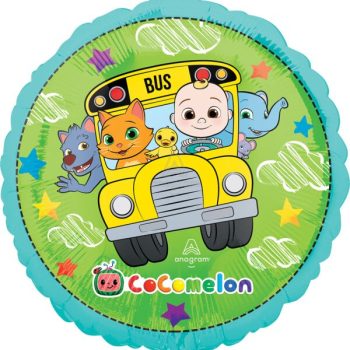 Cocomelon characters in a colorful school bus.