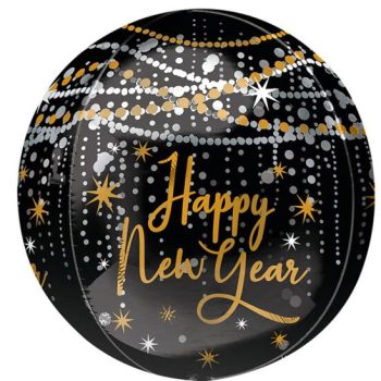 Black and gold Happy New Year balloon with festive decorations.