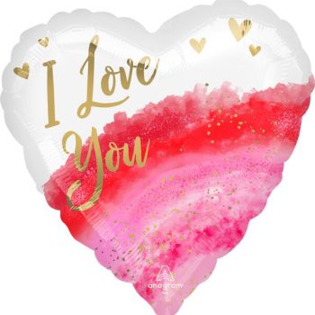 Heart-shaped balloon with 'I Love You' in gold lettering and pink-red gradient.
