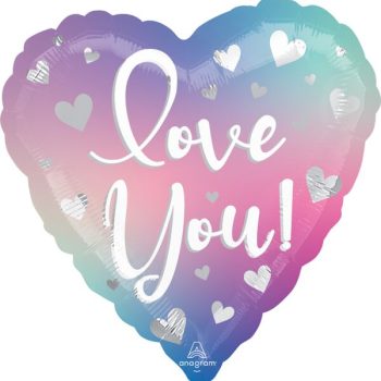 Heart-shaped balloon with 'Love You!' message in pastel colors.