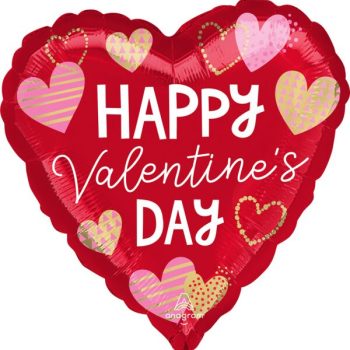 Heart-shaped balloon with 'Happy Valentine's Day' and pink, red, and gold hearts.