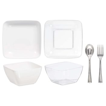 Square plates and cutlery set arrangement.