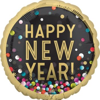 Round balloon with 'Happy New Year!' and colorful confetti design.