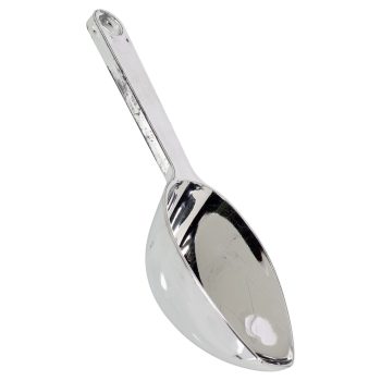 Metallic scoop with a long handle.