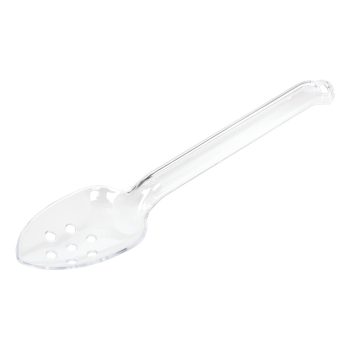Clear plastic slotted spoon on white background.