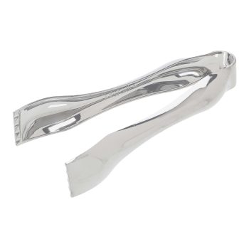 Silver metal tongs on white background.